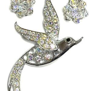 VINTAGE Brooch Earrings Clip AB Rhinestone Sarah Bird Vtg Costume Jewelry JA06